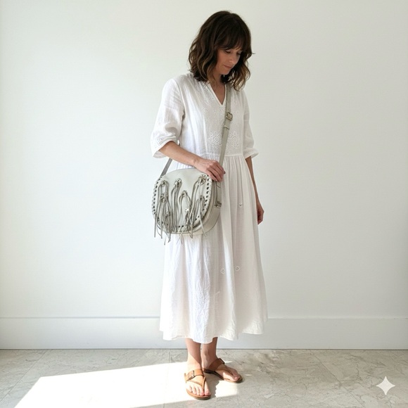 Chi Carlos Falchi ivory cream leather fringe  boho crossbody purse bag - Picture 2 of 9